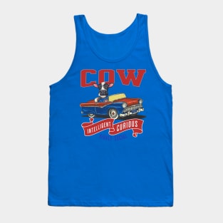 Funny and cute cow in a vintage classic retro car with red white and blue banner with personality traits tee Tank Top